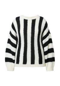 Maglione lavorato a maglia con strisce verticali bianche e nere. Presenta un collo rotondo e una vestibilità ampia, con polsini e orlo a coste.