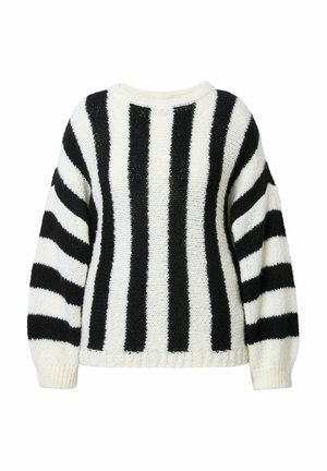 Pletený svetr s černobílými svislými pruhy. Má kulatý výstřih a volný střih, s žebrovanými manžetami a lemem.