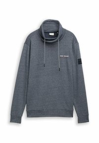 Grijze sweatshirt met hoge kraag, trekkoord en ribgebreide manchetten. Voorzien van de tekst "TOM TAILOR" in het wit aan de voorkant. Zachte stoftextuur.