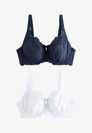 Granatowy biustonosz z koronką, z formowanymi miseczkami, regulowanymi ramiączkami i dekoracyjnym detalem z przodu. Teksturalny materiał z kwiatowym wzorem.