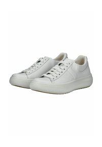 Sneakers bianchi con un esterno in pelle liscia, punta rotonda, lacci piatti e suola in gomma texturizzata. Design minimalista con accenti sottili.