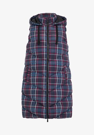 Gepolsterte Weste mit Kapuze, ausgestattet mit einem lila, marineblauen und türkisfarbenen Karomuster. Sie verfügt über einen verstellbaren Kordelzug und einen Reißverschluss.