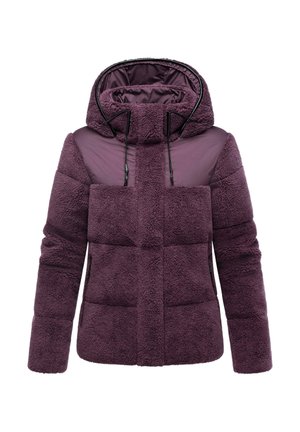 Lila isolierte Jacke mit einer samtigen, strukturierten Oberfläche, einer Kapuze und kontrastierenden glatten Stoffbereichen. Sie verfügt über einen Reißverschluss auf der Vorderseite und verstellbare Kordeln.
