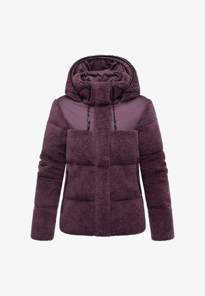 Lila isolierte Jacke mit einer samtigen, strukturierten Oberfläche, einer Kapuze und kontrastierenden glatten Stoffbereichen. Sie verfügt über einen Reißverschluss auf der Vorderseite und verstellbare Kordeln.