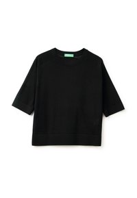 Czarny krótki sweter dzianinowy z okrągłym dekoltem i ściągaczami u mankietów i u dołu, położony na białym tle.