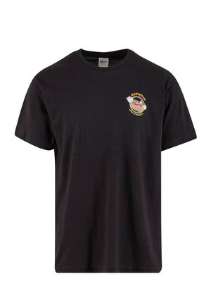 T-shirt in cotone nero con una grafica ricamata colorata di un gatto in un hamburger nella zona sinistra del petto. Collo tondo e maniche corte.