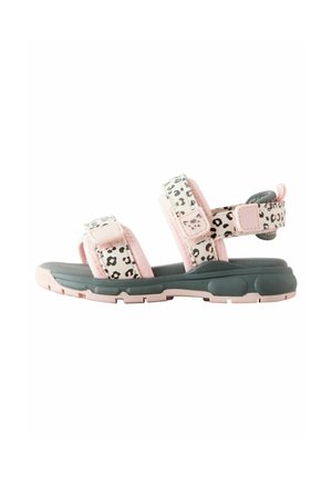 Pink-graue Kindersandale mit Leopardenmuster-Riemen und verstellbaren Klettverschlüssen auf einer dicken, strukturierten Sohle.