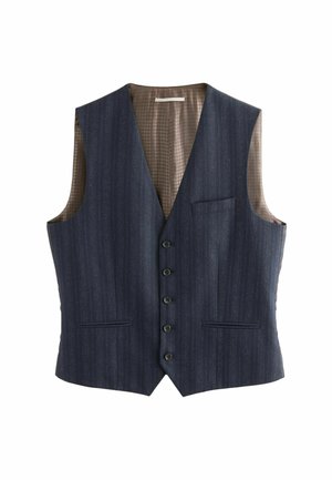 Navy pinstriped vest with a V-neck, featuring five front buttons, two front pockets, and a textured beige lining.