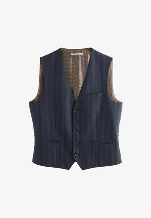Navy pinstriped vest with a V-neck, featuring five front buttons, two front pockets, and a textured beige lining.