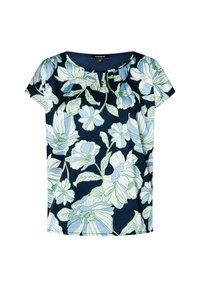 Marinebluse mit kurzen Ärmeln, die große blassblaue und grüne Blumenmuster sowie eine subtile Falte am Ausschnitt zeigt.