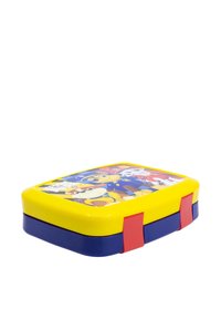 Lunch box rettangolare giallo e blu con chiusure rosse, che presenta cani dei cartoni animati in uniformi di pompiere e polizia sul coperchio.