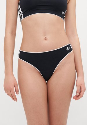 Black bikini bottom with white trim, featuring a high-cut design and small three-leaf logo on the side. Soft, stretchy cotton material.
