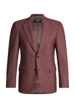 Maßgeschneiderter Herrenblazer in Burgund mit Kerbkragen, Zweiknopfverschluss, Pattentaschen und braunem Satinfutter.