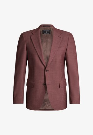 Maßgeschneiderter Herrenblazer in Burgund mit Kerbkragen, Zweiknopfverschluss, Pattentaschen und braunem Satinfutter.