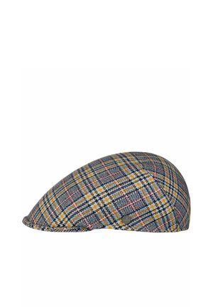 Flat cap with a multicolored plaid pattern featuring navy, yellow, white, and red lines, and a small round metal logo on the side.