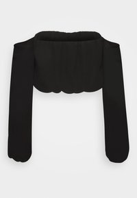 Svart kort topp med långa ärmar, slät textur och volangkrage. Designen har en åtsittande bodice och avtagbara ärmar.