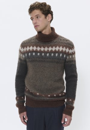 Junger Mann steht, trägt einen braun-grau gemusterten, flauschigen Rollkragenpullover und dunkle Hosen, schaut nach links vor einem weißen Hintergrund.