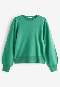 Pull vert à manches longues avec un col rond, une texture douce, des poignets et un ourlet côtelés, et des manches légèrement bouffantes.