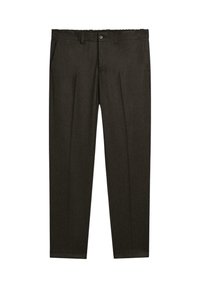 Dark brown tailored pants with front pleats, belt loops, side pockets, and a button closure at the waistband.