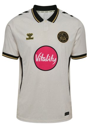 Hvid AFC Bournemouth fodboldtrøje med sort og guldkant, Vitality-logo i pink cirkel, Hummel-logo og holdslogo på brystet.
