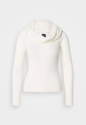 Camisola branca de manga comprida com decote drapeado. Feita de tecido macio e texturizado. Apresenta uma silhueta ajustada para um aspeto elegante.