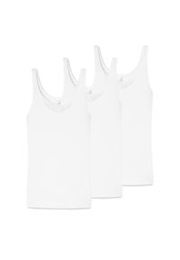 Three white cotton tank tops with a scoop neck and lace trim, featuring a smooth texture and sleeveless design.