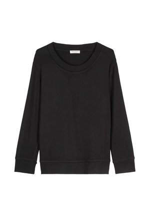 Schwarzer, langärmeliger Pullover aus weichem Stoff, mit weitem Rundhalsausschnitt und gerippten Bündchen und Saum. Einfaches, unifarbenes Design ohne Muster.