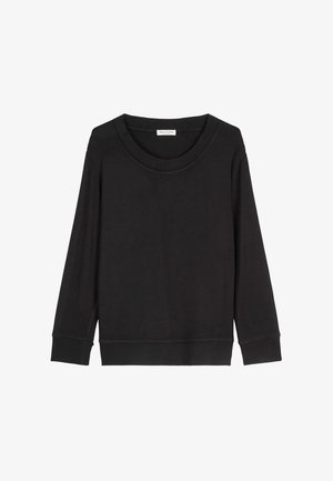 Pull-over noir à manches longues en tissu doux, avec un large col rond et des poignets et un ourlet côtelés. Design simple et uni, sans motifs.