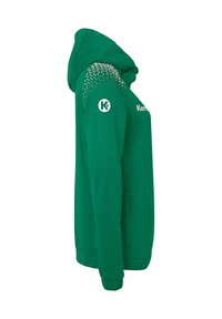 Grøn zip-up hættejakke lavet af blødt stof, med et trekantet mønster på skuldrene, sidelommer og hætte. Logo på fronten og ærmet.