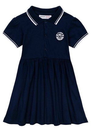 Marineblauw polojurk van gebreide stof, met korte pofmouwen, een knoopsluiting en witte streepaccenten op de kraag en mouwen.