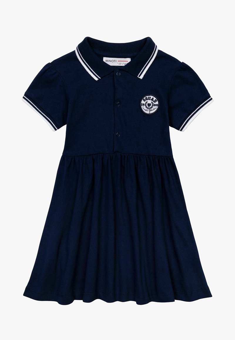 Robe polo bleu marine en tissu tricoté, avec manches courtes bouffantes, patte de boutonnage, et accents à rayures blanches sur le col et les manches.