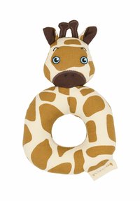 Žirafos formos kūdikio žaislas, minkšta medžiaga, smėlio spalvos su rudais taškais, apvalus kūnas su skyle, mėlynos akys, rudos ausys ir mažos rudos ragelės.