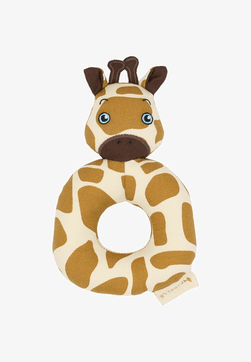 Žirafos formos kūdikio žaislas, minkšta medžiaga, smėlio spalvos su rudais taškais, apvalus kūnas su skyle, mėlynos akys, rudos ausys ir mažos rudos ragelės.