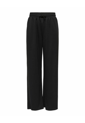 Pantalon large noir en tissu doux, doté d'une taille élastique avec un cordon de serrage pour un ajustement personnalisé. Sans motifs ni accents.