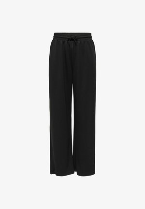 Fekete, bő szárú nadrág puha anyagból, állítható derékpánttal és húzózsinórral. Nincsenek minták vagy díszítések.