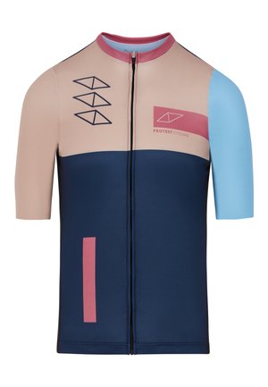 Maillot de cyclisme à manches courtes avec un mélange de couleurs rose, bleu et marine, orné de motifs géométriques et d'une fermeture éclair sur le devant.
