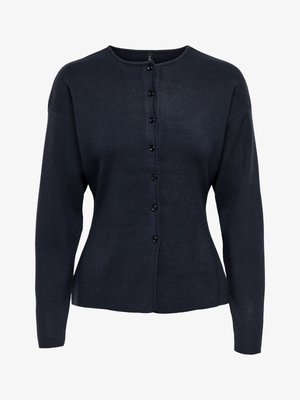 Dunkel marineblauer Langarm-Cardigan mit Rundhalsausschnitt und vorderer Reihe schwarzer Knöpfe, hergestellt aus feinem, geripptem Strickstoff.