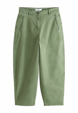 Zöld, magasderekú, széles szárú, rövidített nadrágok oldalzsebbel és gombos záródással, sima anyagból készült.