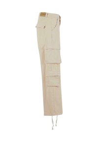Beige cargo bukser laget av robust bomull. Har flere store sidelommer, en avslappet passform, og justerbar snøre i lengden.