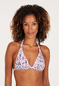 Driehoekige bikini-top met een halterontwerp, voorzien van een levendig geometrisch patroon in roze, blauw en wit. Zachte stofstructuur.