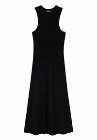 Musta hihaton mekko, jossa on ribbineulottu pinta, A-linjainen siluetti ja vinot saumat koristeena. Ei näkyviä koriste- tai metalliosia.