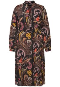 Langärmliges Kleid mit V-Ausschnitt, das ein florales Muster in den Farben Rosa, Gelb und Orange auf einem schwarzen Hintergrund zeigt. Leichter Stoff.
