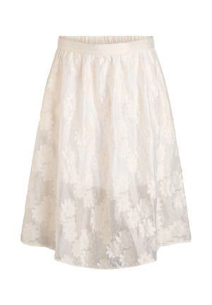 Valge põlvpikkune seelik lillelise pitsilise pealiskihiga, elastse vöökohaga ja lehvikukujulise A-lõikega siluett.