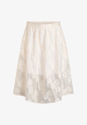 Weißer knielanger Rock mit floraler Spitzenüberlagerung, elastischem Bund und ausgestellter A-Linien-Silhouette.