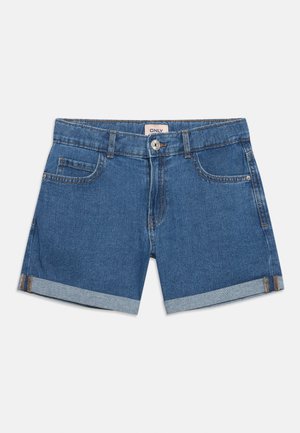 Modri denim kratke hlače z zavihanimi robovi, sprednjim gumbom, zadrgo, zankami za pas in petžepnim dizajnom na enobarvnem ozadju.