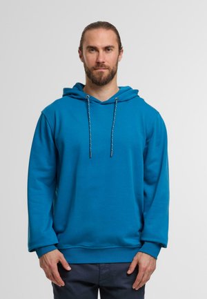 Turquoise hoodie made of soft fabric, featuring a drawstring hood, ribbed cuffs, and a relaxed fit. No visible patterns or logos.