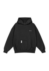 Svart huvtröja med kenguruficka, ribbad mudd vid ärmar och nederkant, logotyp på bröstet och snodd i huvan. Tillverkad av mjukt material.