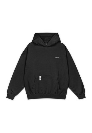 Black hoodie featuring a kangaroo pocket, ribbed cuffs and hem, logo on the chest, and a drawstring hood. Made from soft fabric.