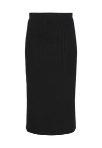 Svart ribbad blyertskjol med hög midja, knälång design och slät текстur, med en enkel fåll utan ytterligare utsmyckningar.