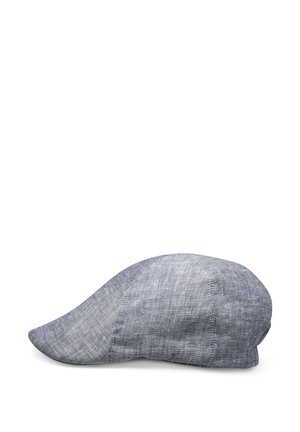 Gray linen flat cap with visible stitching, displayed on a white background, angled to show side profile and curved brim.